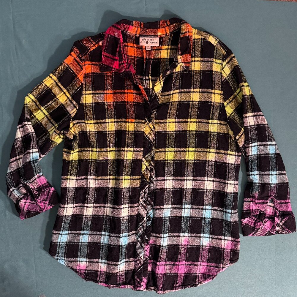 Rainbow Plaid Tie-Dye Flannel Shirt - size Youth XL